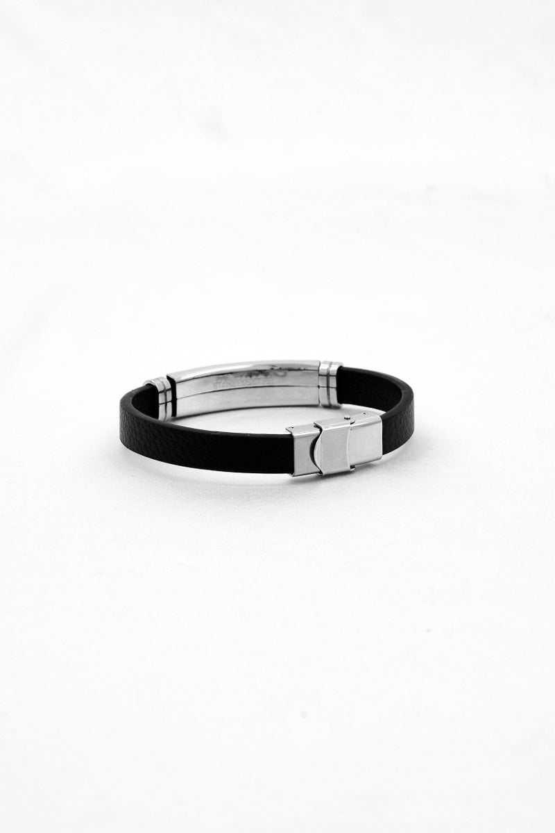 Steeltime Men Leather Padre Nuestro Spanish Prayer Bracelet, Black - Image 1