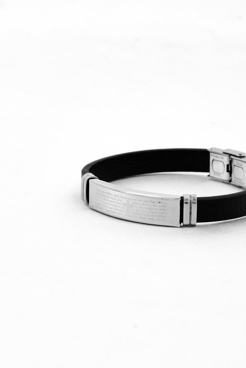 Steeltime Men Leather Padre Nuestro Spanish Prayer Bracelet, Black - Image 2