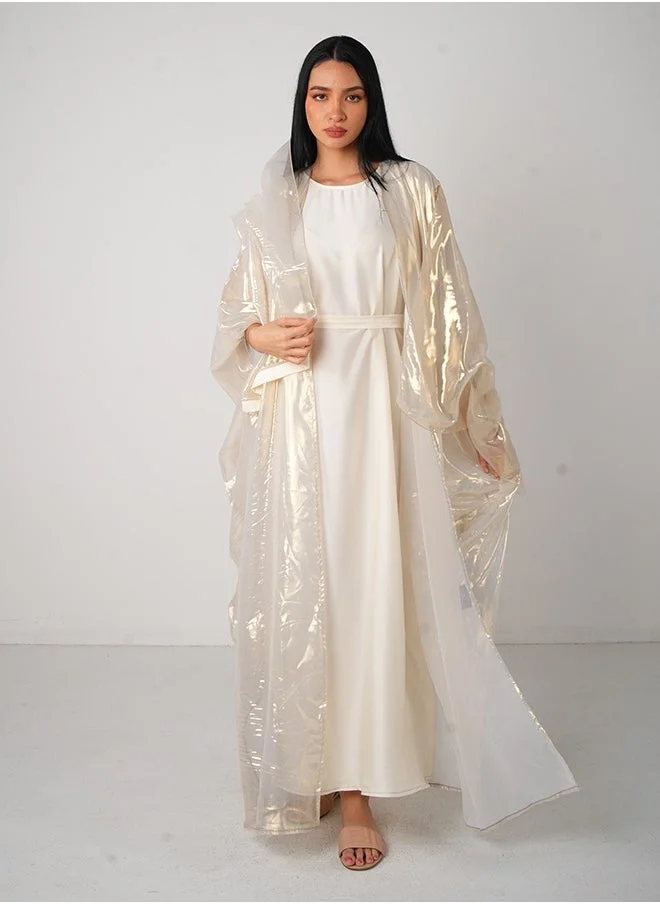 جميلة Gold Satin Kaftan Open Abaya 3 Pieces Set