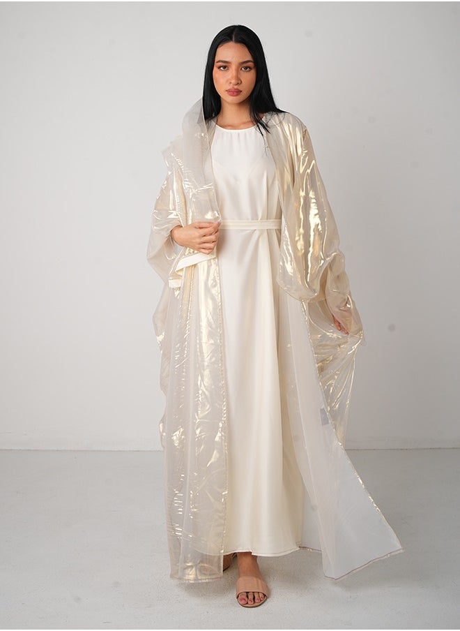 JAMEELA Gold Satin Kaftan Open Abaya 3 Pieces Set  - Image 1