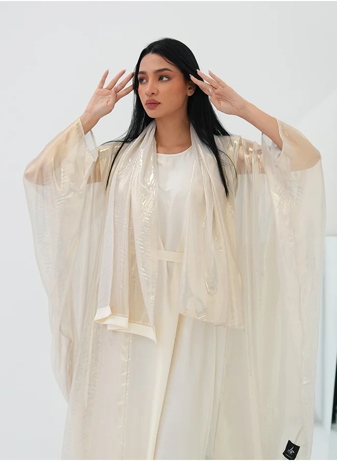 جميلة Gold Satin Kaftan Open Abaya 3 Pieces Set