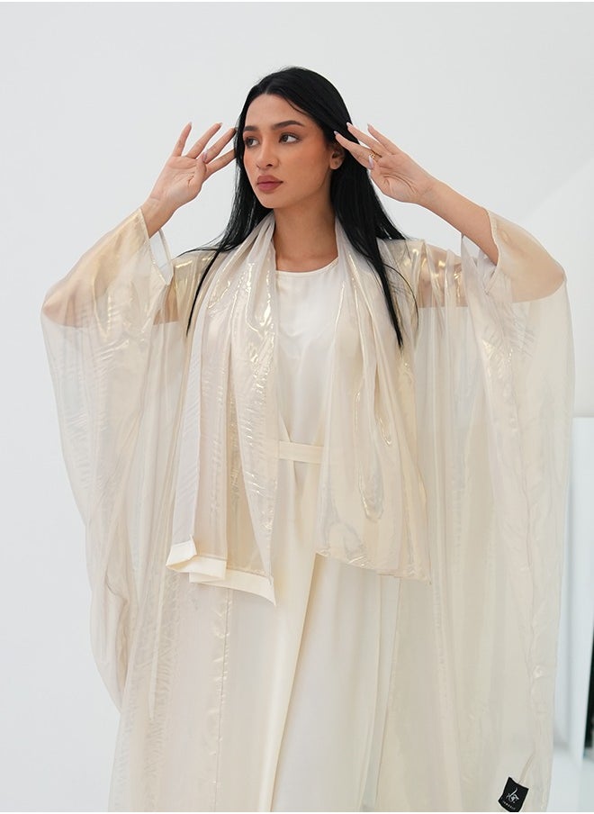 JAMEELA Gold Satin Kaftan Open Abaya 3 Pieces Set  - Image 2