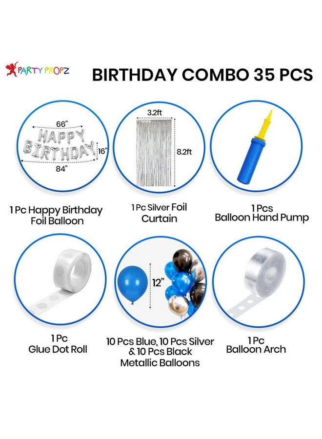 Party Propz Happy Birthday Decorations For Boys Kit- Happy Birthday Foil Balloon,Pump,Glue Dot,Arch,Blue Black Balloons For Birthday,Foil Curtain For Boys,Husband-Happy Birthday Decoration Kit,35 Pcs