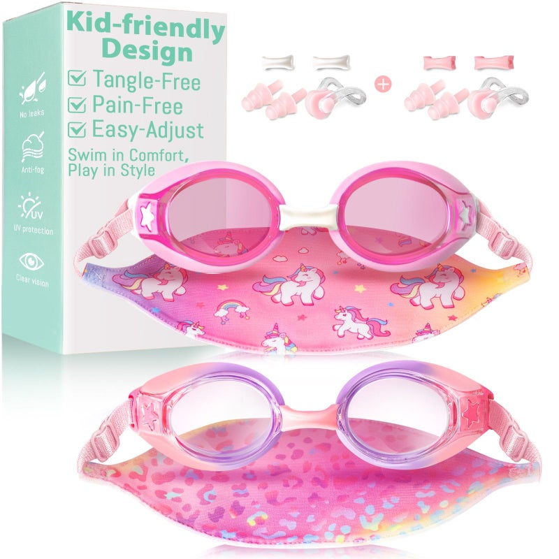 Pixel Panda 2 Pack Kids Swim Goggles with Fabric Strap for 3-14 Anti-Fog Anti-UV, No Leak No Hair Pulling Swimming Goggles Boys Girls Youth Toddlers Pool Water Protection(Pink and Purple) - Image 1