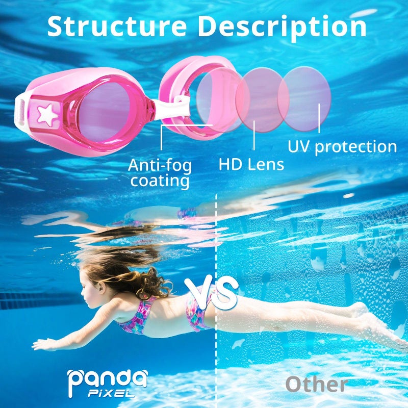 Pixel Panda 2 Pack Kids Swim Goggles with Fabric Strap for 3-14 Anti-Fog Anti-UV, No Leak No Hair Pulling Swimming Goggles Boys Girls Youth Toddlers Pool Water Protection(Pink and Purple) - Image 4
