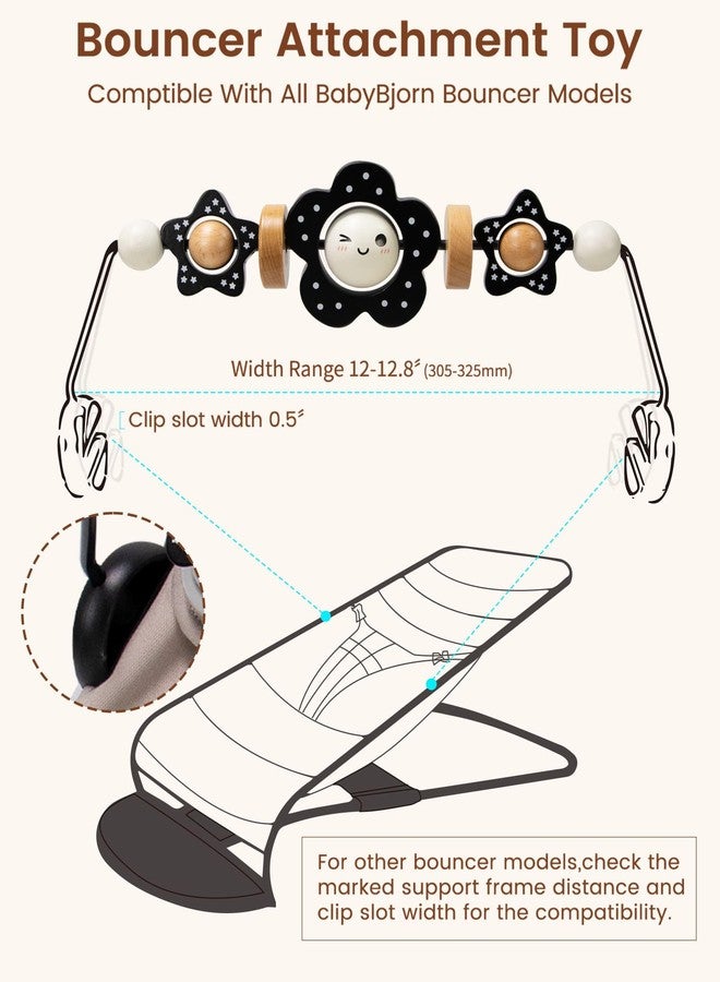 TinlyFinly Baby Bouncer Toy Bar Wooden Compatible with Baby Bjorn Bouncer, Bouncer Toy Attachment Tight and Secure Fit, So Fun to Watch, Touch and Spin for Babies All Ages (Black and White Flower) - Image 5