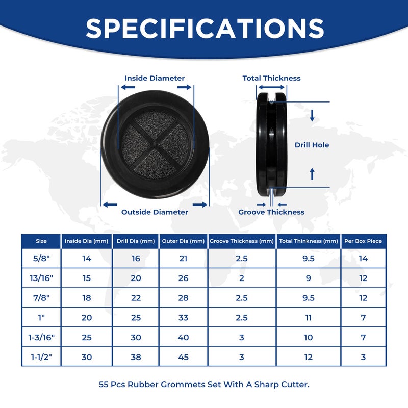 AAM ESSENTIALS 55Pcs Rubber Grommets kit, Firewall Hole Plugs in 6 Assorted Sizes 5/8",13/16",7/8",1",1-3/16",1-1/2"- Round Rubber Grommets for Wiring & Waterproof Wire Grommet kit - Ideal Wire Protection Solution - Image 3