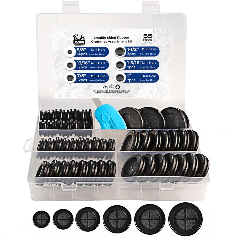 AAM ESSENTIALS 55Pcs Rubber Grommets kit, Firewall Hole Plugs in 6 Assorted Sizes 5/8",13/16",7/8",1",1-3/16",1-1/2"- Round Rubber Grommets for Wiring & Waterproof Wire Grommet kit - Ideal Wire Protection Solution - Image 1