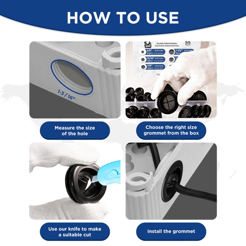 AAM ESSENTIALS 55Pcs Rubber Grommets kit, Firewall Hole Plugs in 6 Assorted Sizes 5/8",13/16",7/8",1",1-3/16",1-1/2"- Round Rubber Grommets for Wiring & Waterproof Wire Grommet kit - Ideal Wire Protection Solution - Image 5