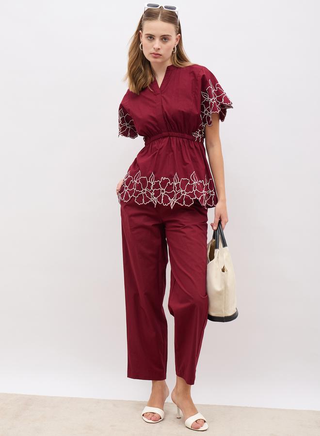 Styli Embroidered Short Sleeve Top and Straight Pants Co-Ords  - Image 1
