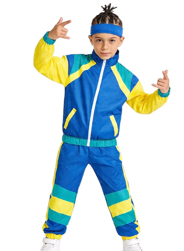 liannaner Kids 80s Retro Tracksuit Set - Blue, Yellow & Teal Hip Hop Disco Costume for Dance, Halloween & Party - Image 1