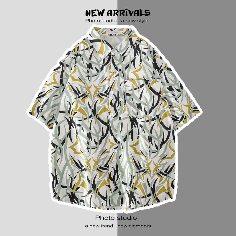Hawaiian Couple Shirt Loose Digital Print Short-sleeved Shirt Mens Summer Japanese Quick-drying Beach Floral Jacket 1127 White