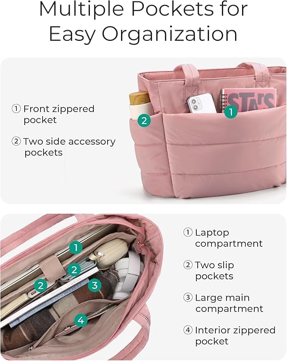 Prplet Tote Bag for Woman | Lightweight Puffy Shoulder Handbag with Multi Compartment | Travel, Office, Gym & Daily Use | Durable Taslan Fabric (Pink) - Image 5