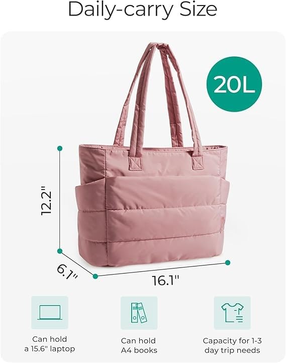 Prplet Tote Bag for Woman | Lightweight Puffy Shoulder Handbag with Multi Compartment | Travel, Office, Gym & Daily Use | Durable Taslan Fabric (Pink) - Image 2