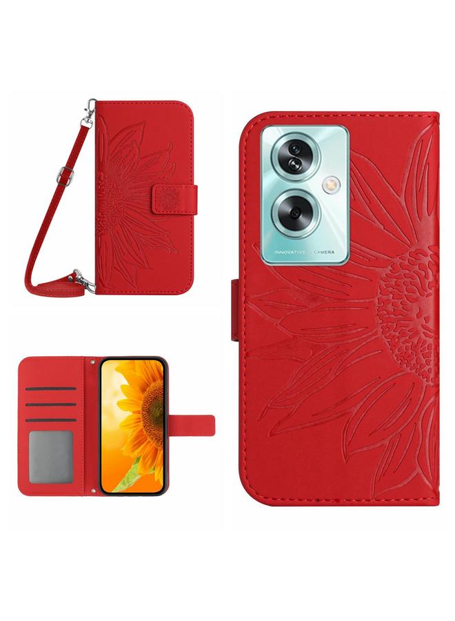 Green Tiger For OPPO Reno11 F 5G/F25 Pro 5G Skin Feel Sun Flower Embossed Flip Leather Phone Case with Lanyard(Red)