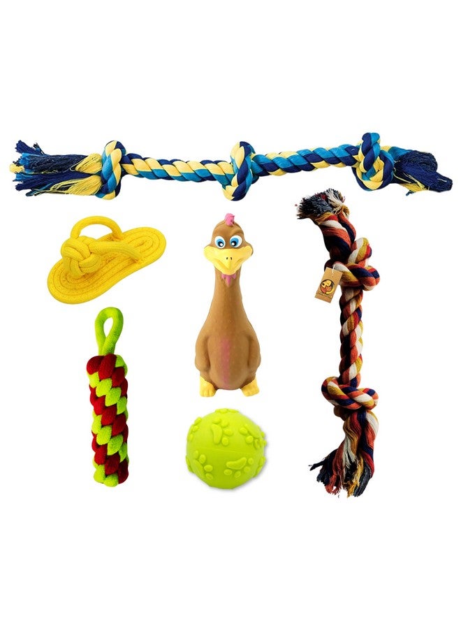 Generic 6 In 1 Squeaky And Chew Rope Dog Toy Combo - (2Knot Rope + 3Knot Rope + Slipper + Corn Stick + Claw Ball + Brown Duck) | Chewing, Playing, & Teething For Small Dogs And Puppies  - Image 1