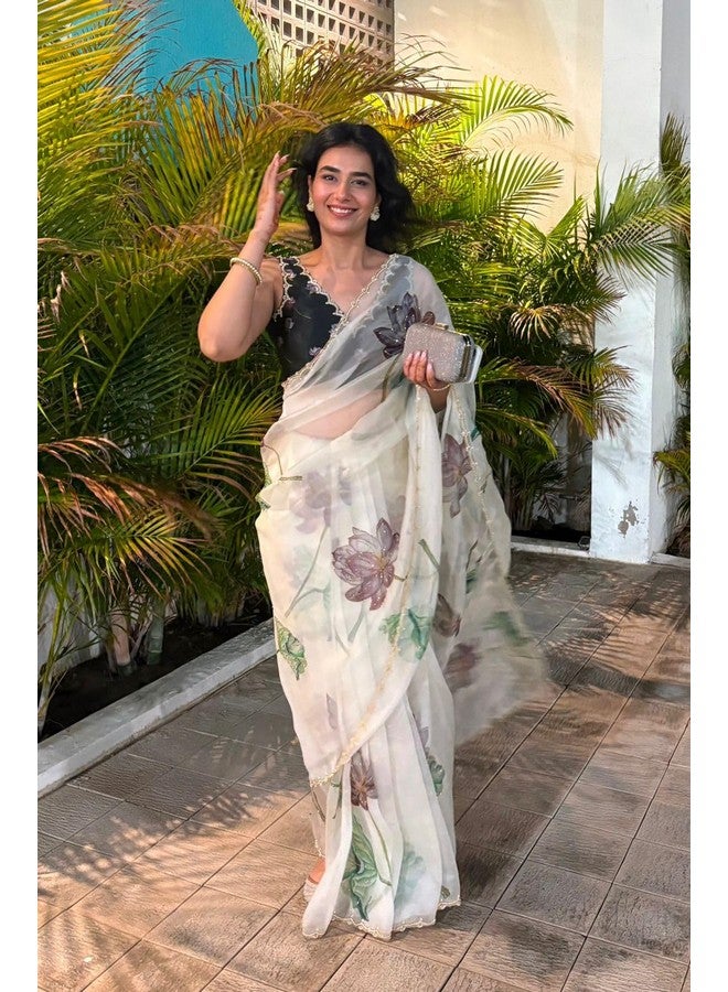 RoyalStyle Royalstyle Saree Women's And Girls Beautiful floral print with beads and katdana handwork in border white Colour Saree  - Image 4