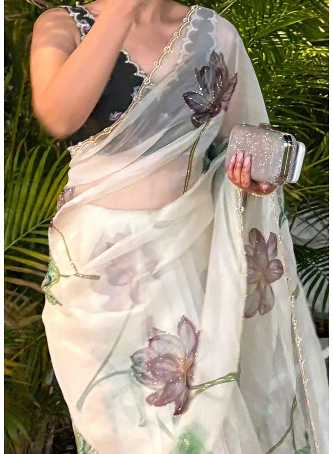 RoyalStyle Royalstyle Saree Women's And Girls Beautiful floral print with beads and katdana handwork in border white Colour Saree  - Image 2