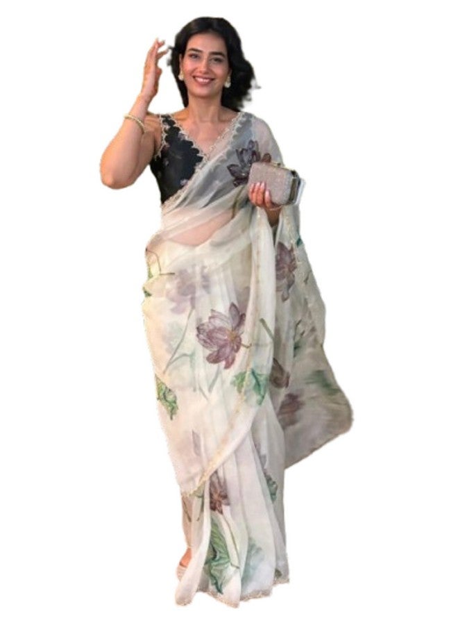 RoyalStyle Royalstyle Saree Women's And Girls Beautiful floral print with beads and katdana handwork in border white Colour Saree  - Image 1