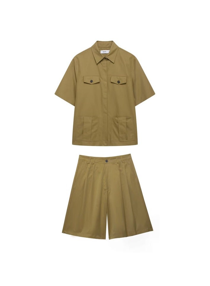 Shougu Fashionable Casual Pocket Decoration Shirt Pleated Shorts  - Image 1