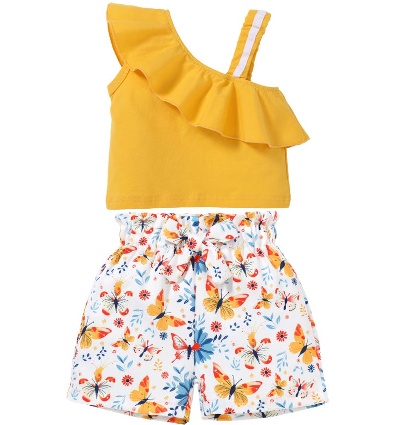 DISAUR Baby Girl Clothes Spring Toddler Short Sets Irregular Shoulder Strap Tee + Butterfly Print Shorts Toddler Summer Outfits 3t 2-3t - Image 1