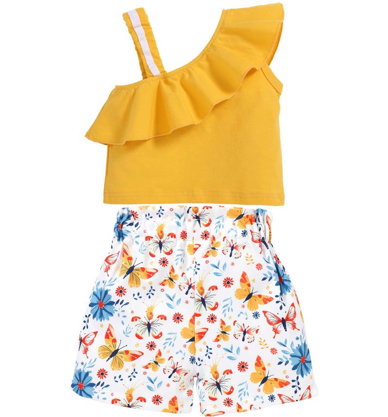 DISAUR Baby Girl Clothes Spring Toddler Short Sets Irregular Shoulder Strap Tee + Butterfly Print Shorts Toddler Summer Outfits 3t 2-3t - Image 2
