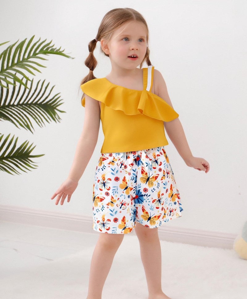 DISAUR Baby Girl Clothes Spring Toddler Short Sets Irregular Shoulder Strap Tee + Butterfly Print Shorts Toddler Summer Outfits 3t 2-3t - Image 4