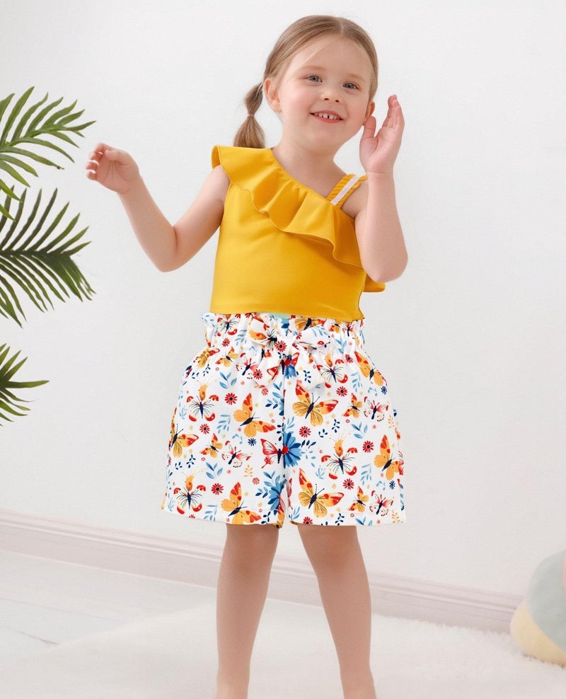 DISAUR Baby Girl Clothes Spring Toddler Short Sets Irregular Shoulder Strap Tee + Butterfly Print Shorts Toddler Summer Outfits 3t 2-3t - Image 5
