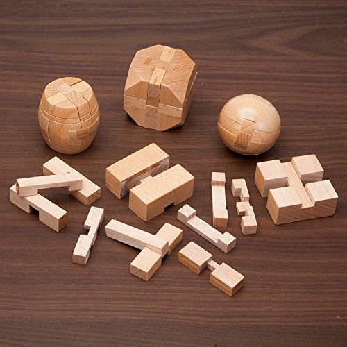 Bits and Pieces Mini Wood Brain Teaser Set of Four-Classic Designed Light Wood Stain - Wooden Brainteaser Puzzles & Fun Gifts - Image 2