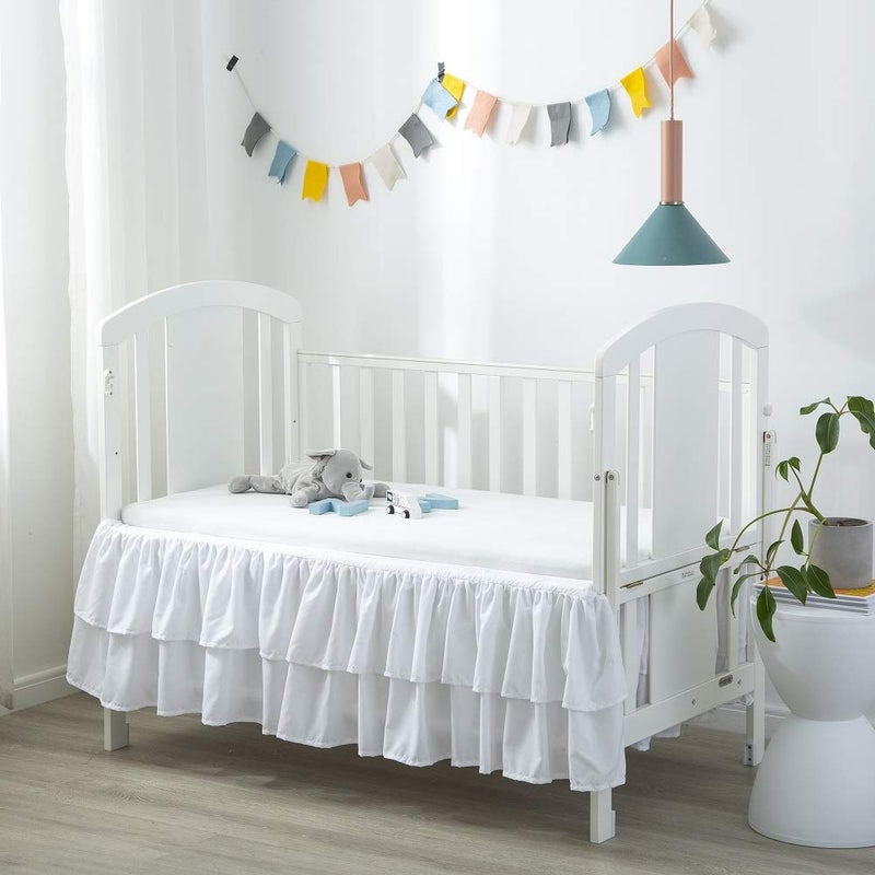 JSD White Ruffled Crib Bed Skirt Double Layer Nursery Toddler Dust Ruffle Bedding Skirt 14" Deep Drop - Image 1
