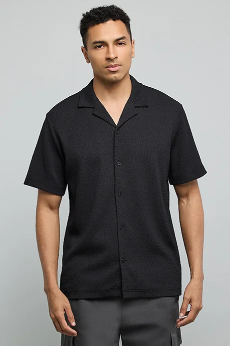 R&B Textured Shirt with Reverse Collar and Short Sleeves