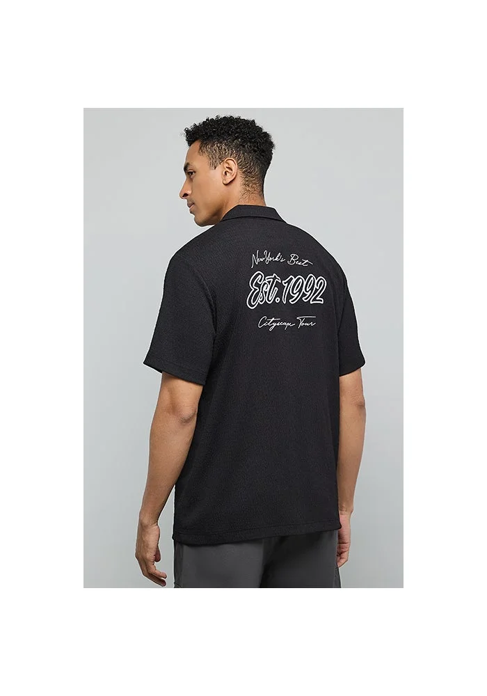 أر أند بي Textured Shirt with Reverse Collar and Short Sleeves