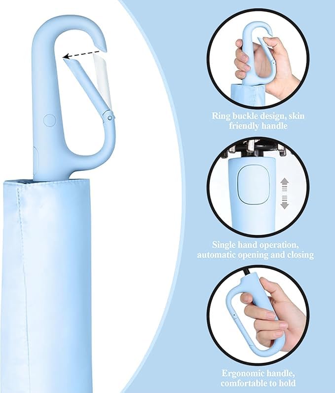 Owme UV Umbrella for Women, Mini Folding Portable 3-Fold Umbrellas | Automatic Open and Close for Rain and Sun Protection, Anti-Slip | Windproof Umbrlla with Handy Turbo Carabiner Handle for Home & Office - Image 3