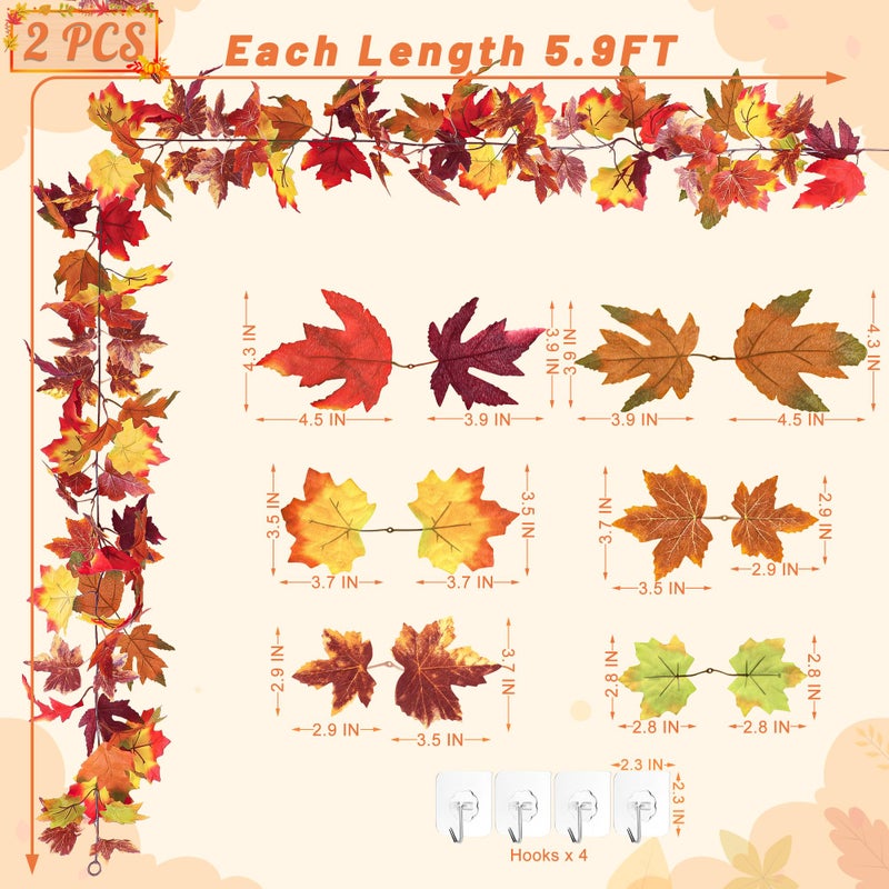 Helimoto 2 Pcs Fall Decor  11.8Ft Fall Garland For Mantle  Fall Decorations For Home  Fall Leaves Garland  Thanksgiving Decorations Indoor  Halloween Autumn Maples Leaf Garland For Autumn Decor Wedding Party - Image 2