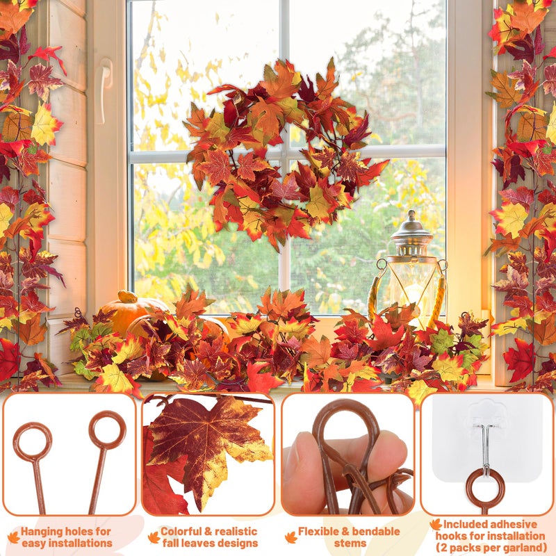 Helimoto 2 Pcs Fall Decor  11.8Ft Fall Garland For Mantle  Fall Decorations For Home  Fall Leaves Garland  Thanksgiving Decorations Indoor  Halloween Autumn Maples Leaf Garland For Autumn Decor Wedding Party - Image 3