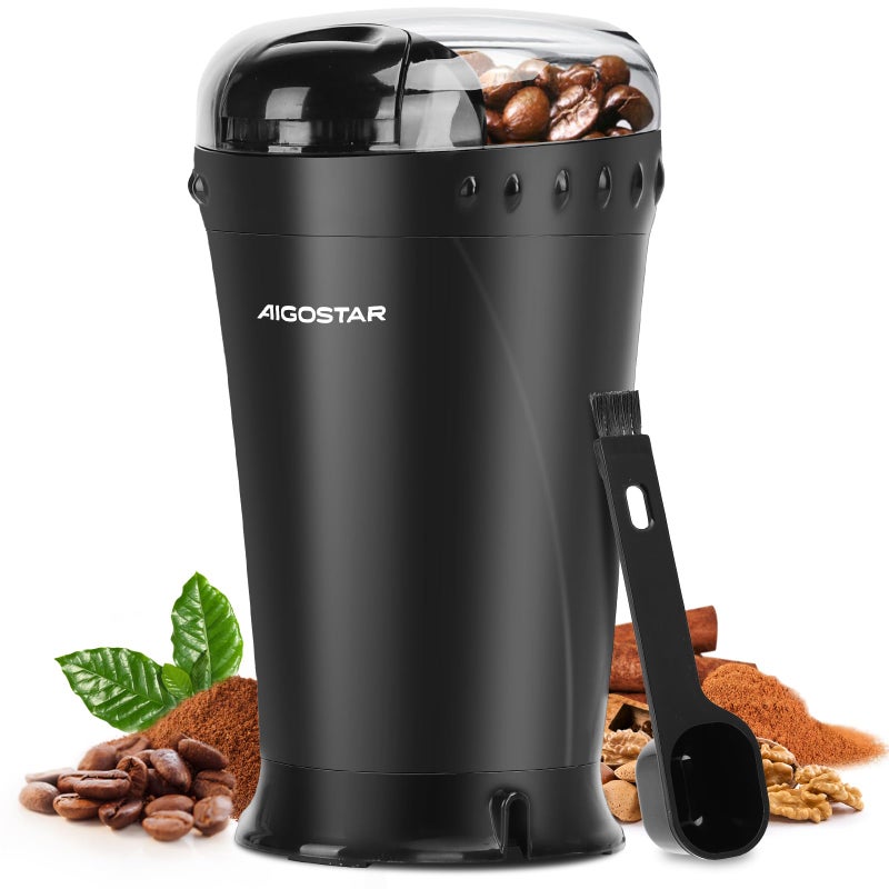 Aigostar Electric Coffee Grinder Stainless Steel Blade 200W 60g Capacity Cord Storage Portable  Compact for Coffee Beans Spice Nuts Seeds Herbs Black  Breath 30KYI