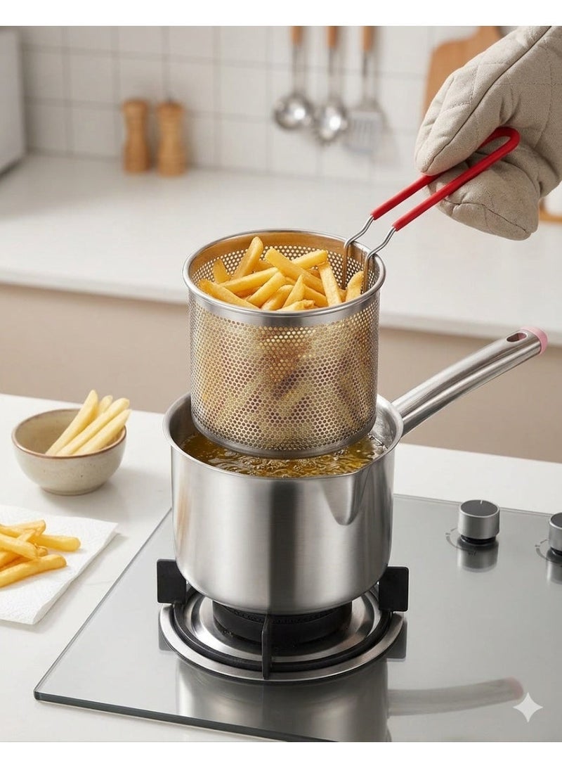 Kimaya Deep Fryer Pot with Strainer Basket & Anti-Scald Silicone Handle, 304 Stainless Steel Japanese Style Fryer Pan Portable Frying Pan for French Fries, Tempura, and Chicken - Image 1