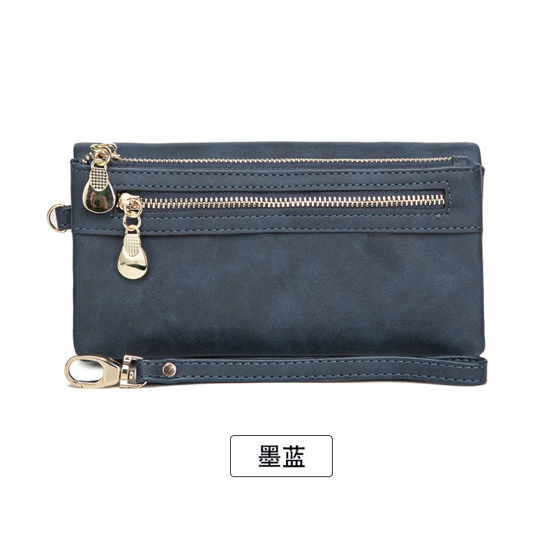 Vintage Long Wallet Women 2024 Korean Multi-Function Ladies Clutch Coin Purse Ink Blue