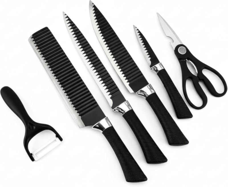 6 Piece Kitchen Knife Set with Ceramic Peeler and Scissors â€“ 8" Chef Knife, 8" Slicing Knife, 8" Small Cleaver, 3.5" Paring Knife â€“ Serrated Stainless Steel Blades, Ergonomic Handles