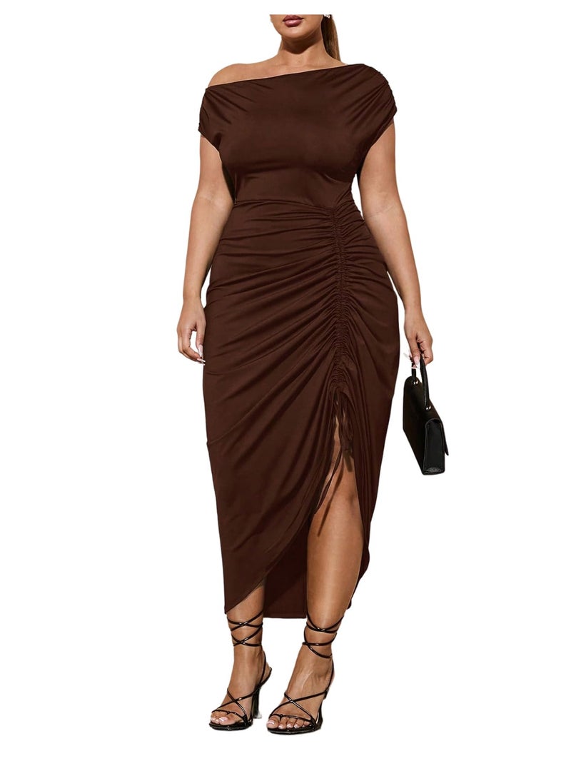 Floerns Women's Plus Size Off The Shoulder Sexy Midi Dress Drawstring Ruched Slit Party Bodycon Cocktail Dresses Brown XX-Large Plus - Image 1
