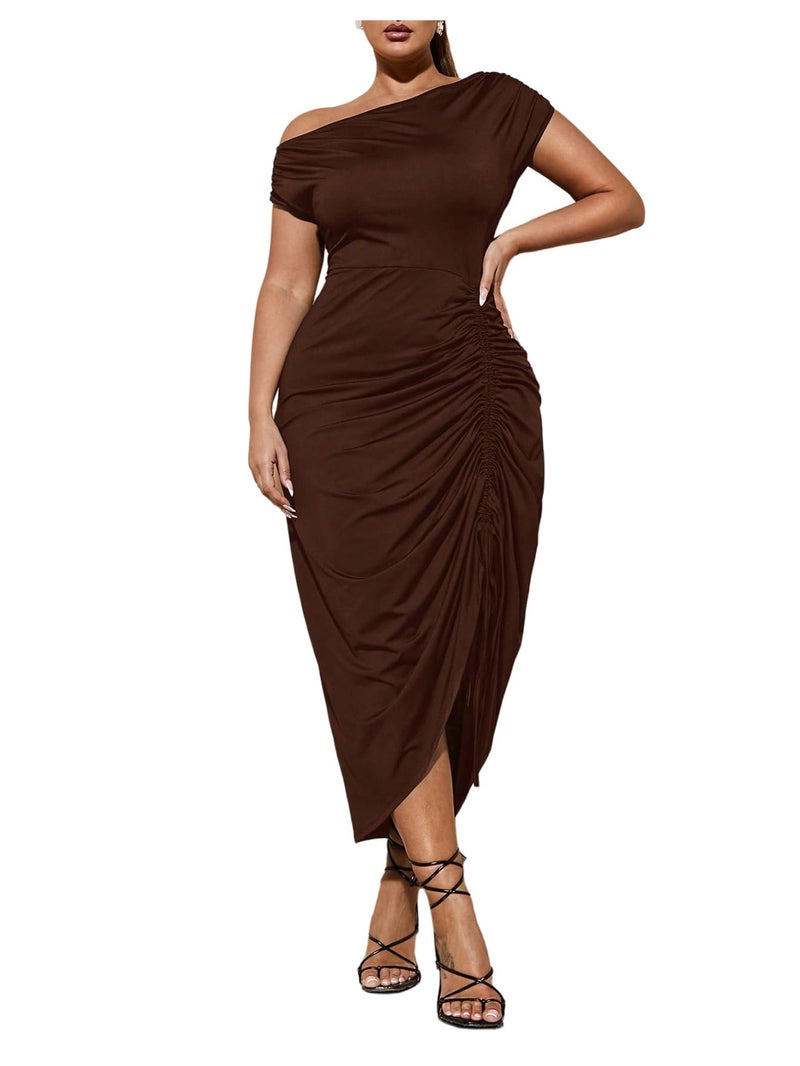 Floerns Women's Plus Size Off The Shoulder Sexy Midi Dress Drawstring Ruched Slit Party Bodycon Cocktail Dresses Brown XX-Large Plus - Image 5