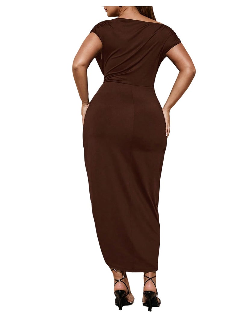 Floerns Women's Plus Size Off The Shoulder Sexy Midi Dress Drawstring Ruched Slit Party Bodycon Cocktail Dresses Brown XX-Large Plus - Image 2