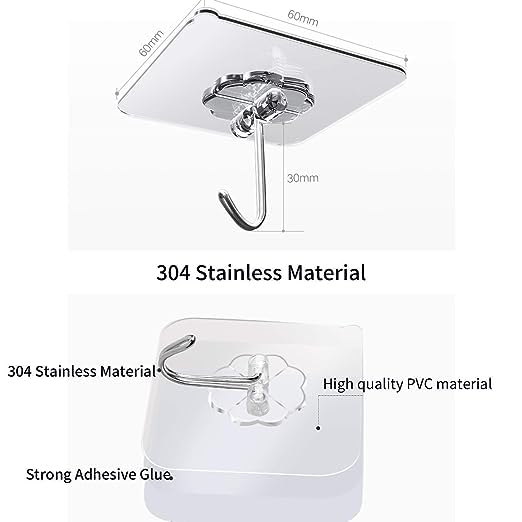 Revwd Revwd Self Adhesive Wall Hooks for Hanging Strong Sticky Wall Hooks Heavy Duty Home Kitchen Bathroom Key Frame Holders Waterproof Transparent Hanging Hook with Stainless Hooks Pack of 5  - Image 4