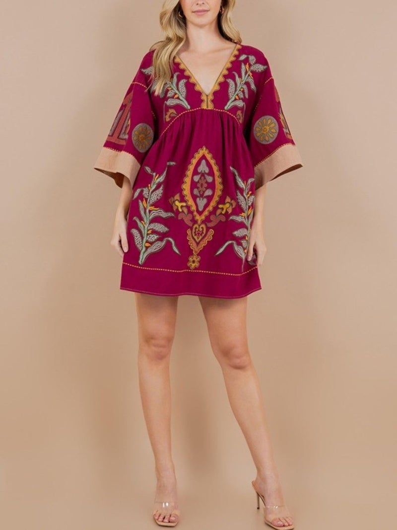 Joiemont Womens Oversized Embroidered Dress with V-Neck and 3/4 Sleeves Vintage Embroidery Babydoll Dress(0603-WineRed-L) - Image 4
