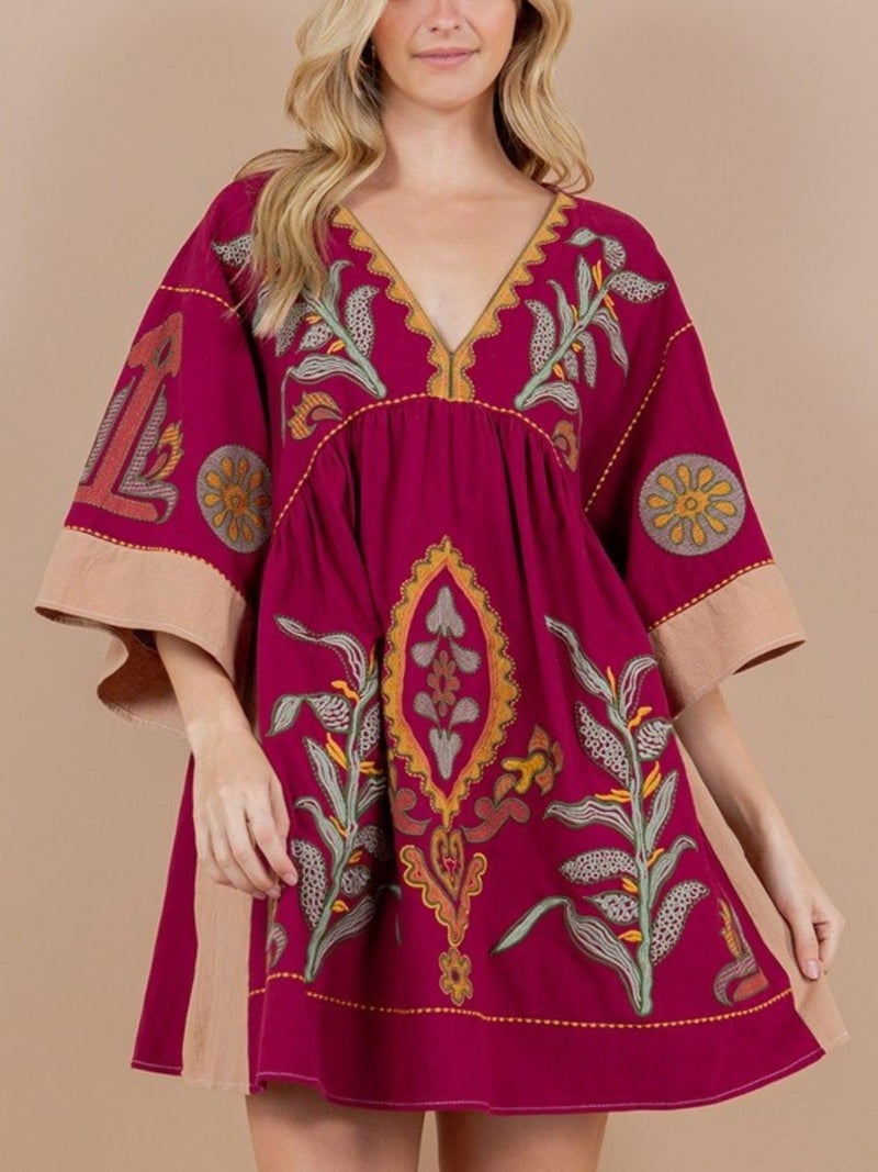 Joiemont Womens Oversized Embroidered Dress with V-Neck and 3/4 Sleeves Vintage Embroidery Babydoll Dress(0603-WineRed-L) - Image 5