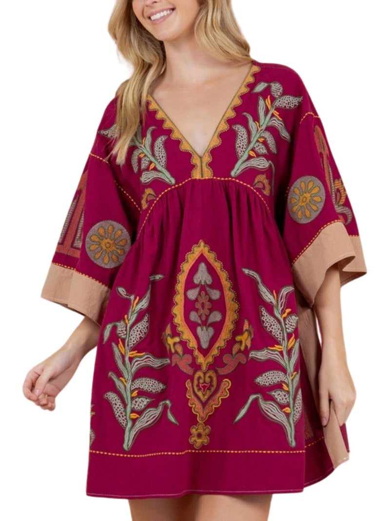 Joiemont Womens Oversized Embroidered Dress with V-Neck and 3/4 Sleeves Vintage Embroidery Babydoll Dress(0603-WineRed-L) - Image 1