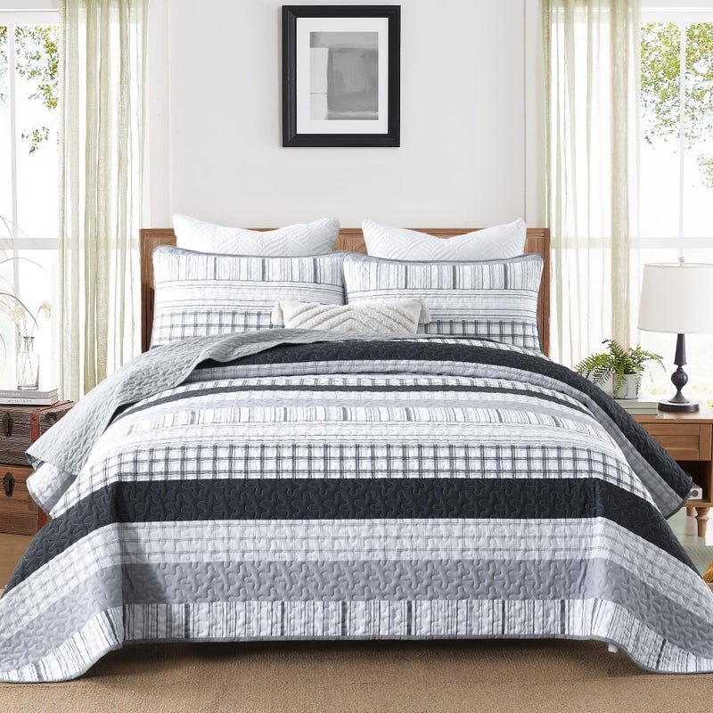 DJY Grey Striped Quilt Queen Size, Black Gray Boho Striped Bedspread Coverlet Set Soft Microfiber Patchwork Quilt Bedding Set 3 Pieces for All Season - Image 1