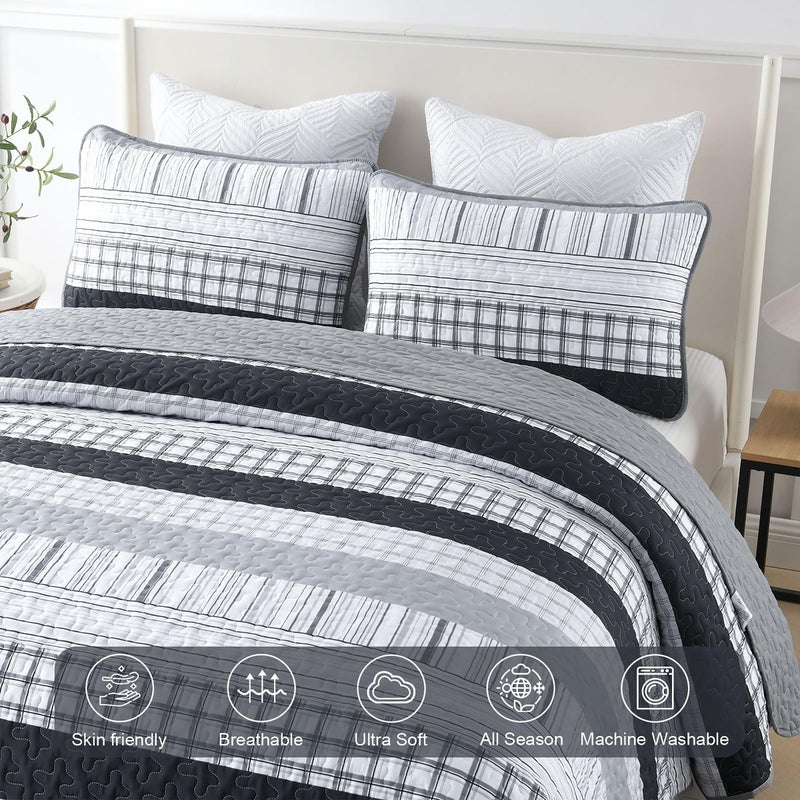 DJY Grey Striped Quilt Queen Size, Black Gray Boho Striped Bedspread Coverlet Set Soft Microfiber Patchwork Quilt Bedding Set 3 Pieces for All Season - Image 5