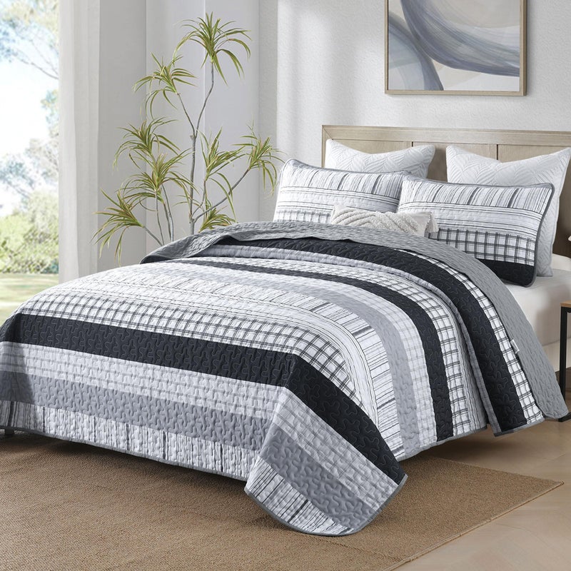 DJY Grey Striped Quilt Queen Size, Black Gray Boho Striped Bedspread Coverlet Set Soft Microfiber Patchwork Quilt Bedding Set 3 Pieces for All Season - Image 2