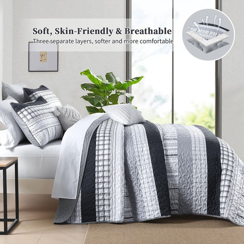 DJY Grey Striped Quilt Queen Size, Black Gray Boho Striped Bedspread Coverlet Set Soft Microfiber Patchwork Quilt Bedding Set 3 Pieces for All Season - Image 4